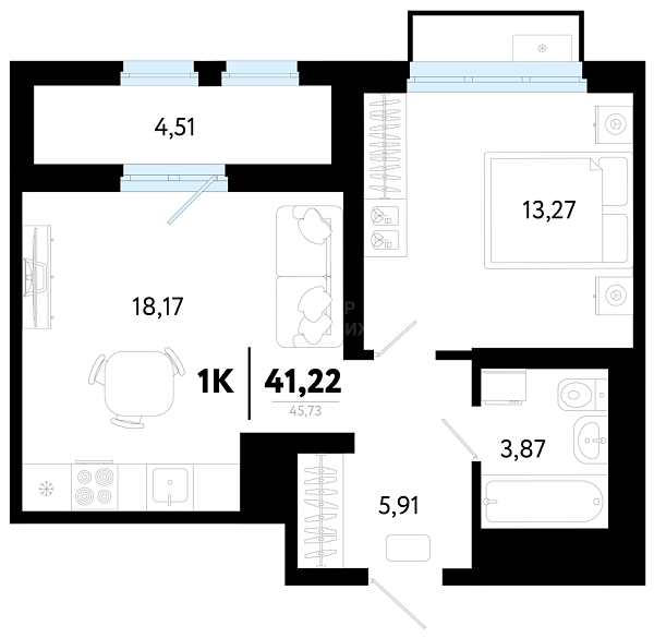 1-к квартира в новостройке, 41 кв.м., Калининский, ул Василия Малкова, 32