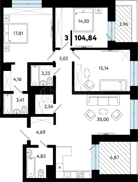 3-к квартира в новостройке, 104 кв.м., ул Бирюзова, 8