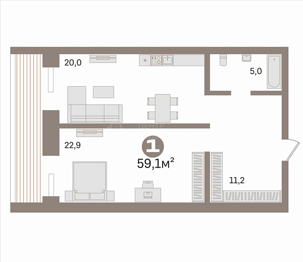 1-к квартира, 59 кв.м., улица Салтыкова-Щедрина, 58/3