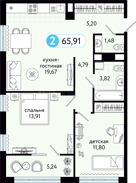 2-к квартира в новостройке, 65 кв.м., ул С. Джанбровского, 21