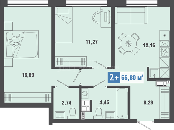 2-к квартира в новостройке, 55 кв.м., ул. Александра Федоровича, д.10