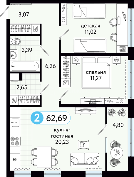 2-к квартира в новостройке, 62 кв.м., ул С. Джанбровского, 21
