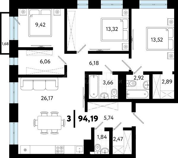 3-к квартира в новостройке, 94 кв.м., ул Бирюзова, 8