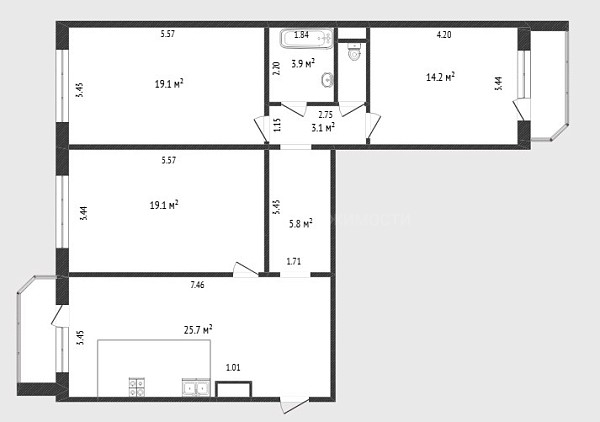 3-к квартира, 92 кв.м., улица Федюнинского, 60к1