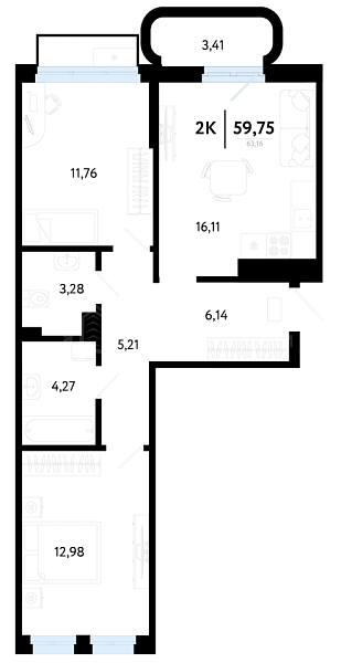 2-к квартира в новостройке, 59 кв.м., Калининский, ул Василия Малкова, 32