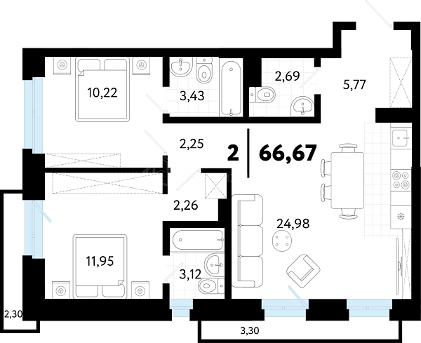 2-к квартира в новостройке, 66 кв.м., ул Бирюзова, 8