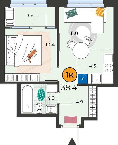 1-к квартира в новостройке, 38 кв.м., Тюмень