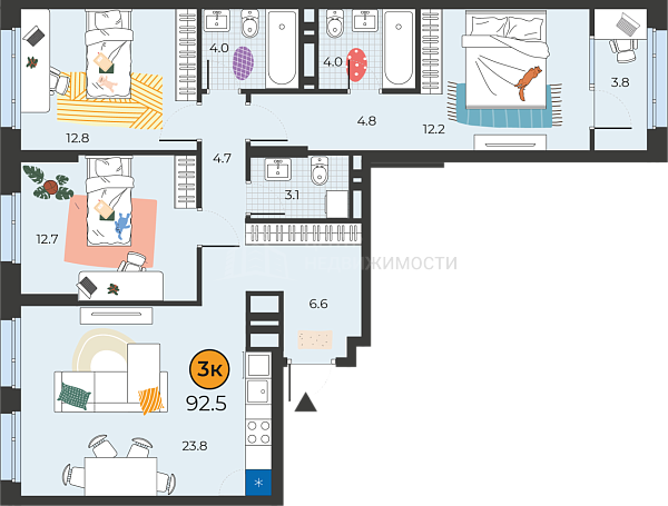 3-к квартира в новостройке, 92 кв.м., Тюмень