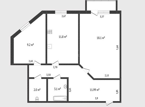 2-к квартира, 55 кв.м., улица Василия Гольцова, 3