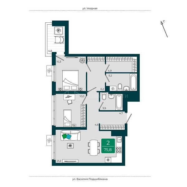 2-к квартира в новостройке, 75 кв.м., Калининский район, г. Тюмень,  ул. Андрея Бушуева, 1