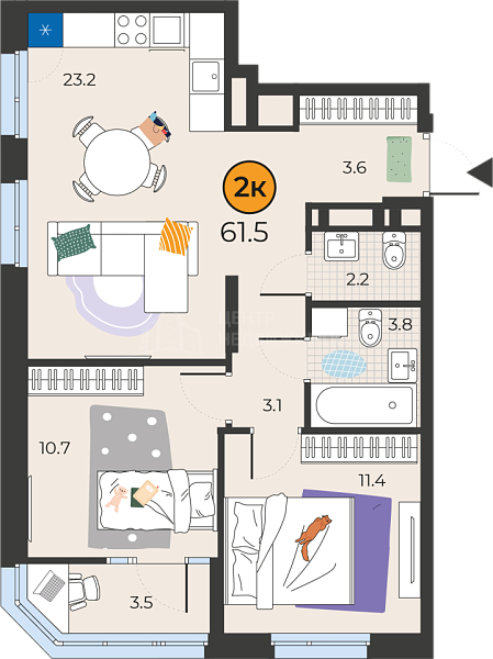 2-к квартира в новостройке, 61 кв.м., Тюмень