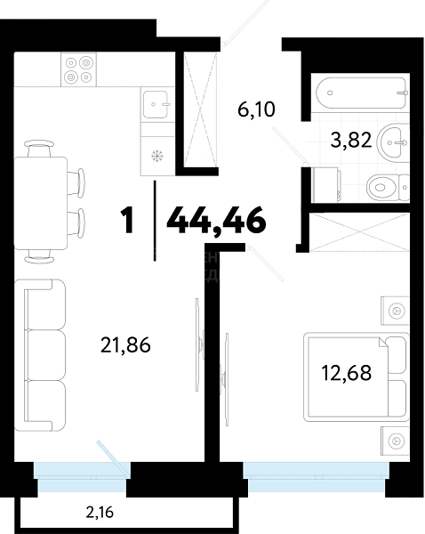 1-к квартира в новостройке, 44 кв.м., ул Бирюзова, 8