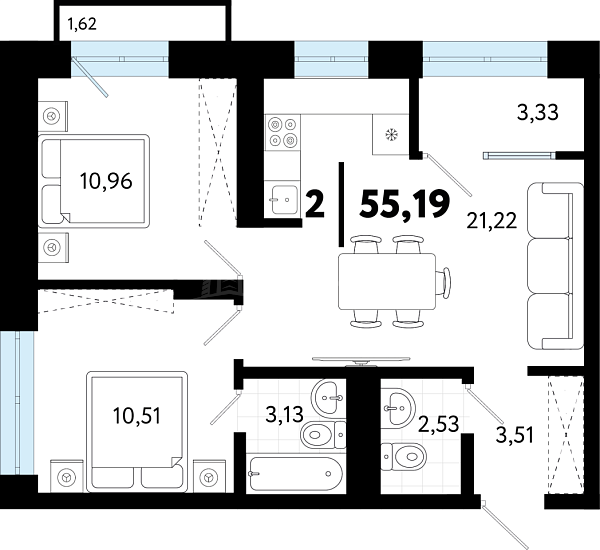 2-к квартира в новостройке, 55 кв.м., ул Бирюзова, 8