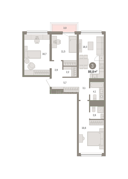 3-к квартира в новостройке, 86 кв.м., ул. Мысовская,  26, корпус 1