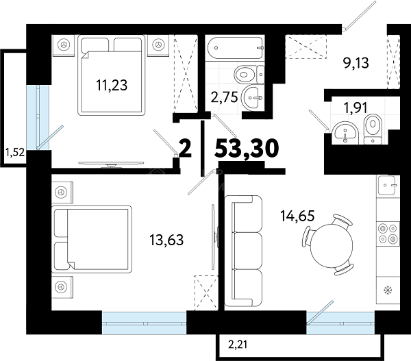 2-к квартира в новостройке, 53 кв.м., ул Бирюзова, 8