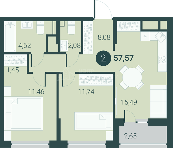 2-к квартира в новостройке, 57 кв.м., город Тюмень, Тюменская область