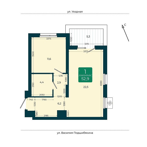 2-к квартира в новостройке, 52 кв.м.