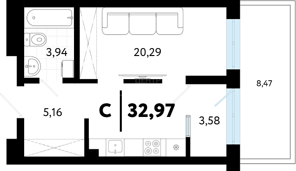 Студия в новостройке, 32 кв.м., ул Бирюзова, 8