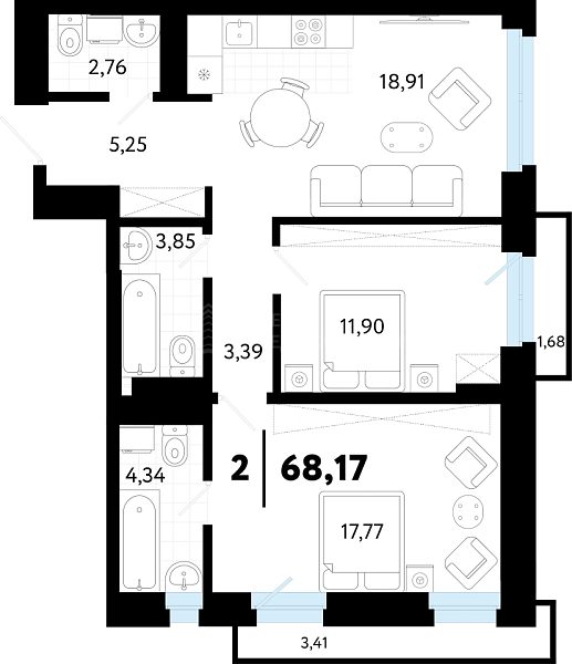 2-к квартира в новостройке, 68 кв.м., ул Бирюзова, 8