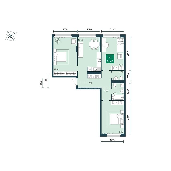 2-к квартира в новостройке, 84 кв.м.