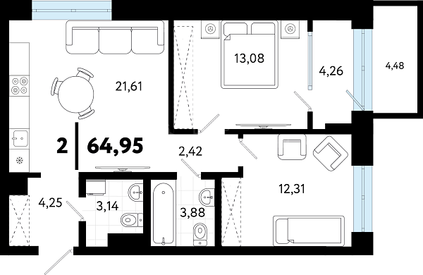 2-к квартира в новостройке, 64 кв.м., ул Бирюзова, 8