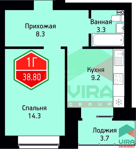 1-к квартира в новостройке, 38 кв.м., жилой комплекс На Ватутина