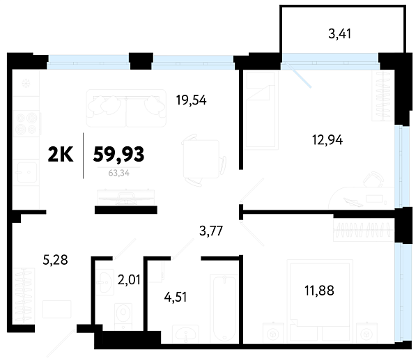 2-к квартира в новостройке, 59 кв.м., Калининский, ул Василия Малкова, 32