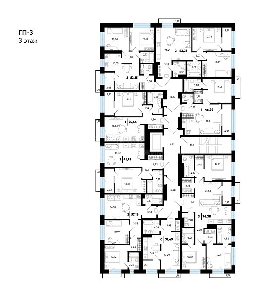 2-к квартира в новостройке, 54 кв.м.