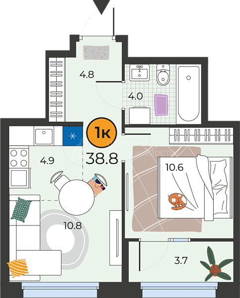 1-к квартира в новостройке, 38 кв.м., Тюмень