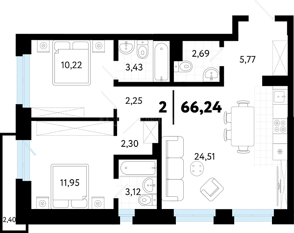 2-к квартира в новостройке, 66 кв.м., ул Бирюзова, 8