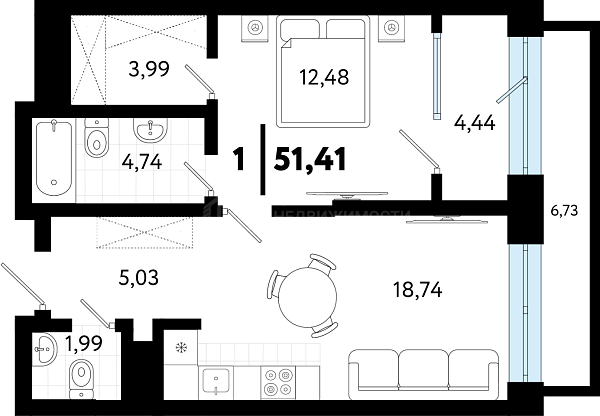 1-к квартира в новостройке, 51 кв.м., ул Бирюзова, 8