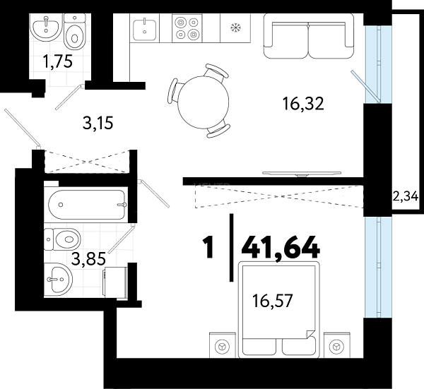 1-к квартира в новостройке, 41 кв.м., ул Бирюзова, 8