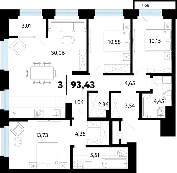 3-к квартира в новостройке, 93 кв.м., ул Бирюзова, 8