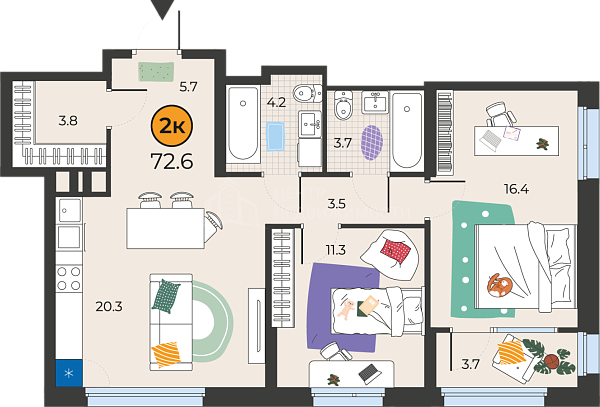 2-к квартира в новостройке, 72 кв.м., Тюмень