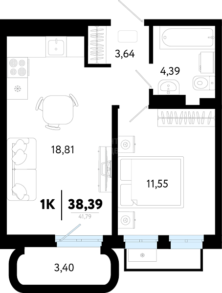 1-к квартира в новостройке, 38 кв.м., Калининский, ул Василия Малкова, 32