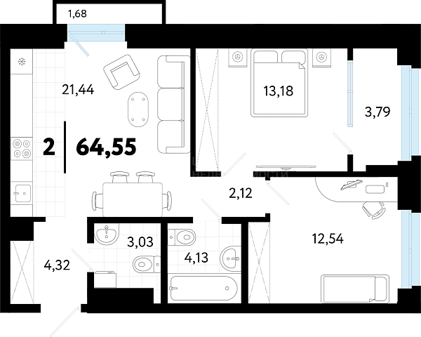 2-к квартира в новостройке, 64 кв.м., ул Бирюзова, 8