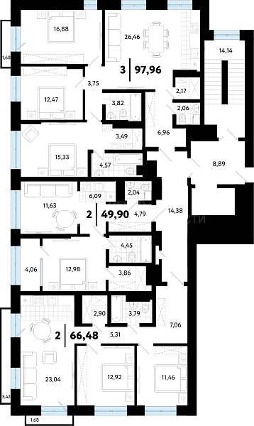 2-к квартира в новостройке, 49 кв.м.