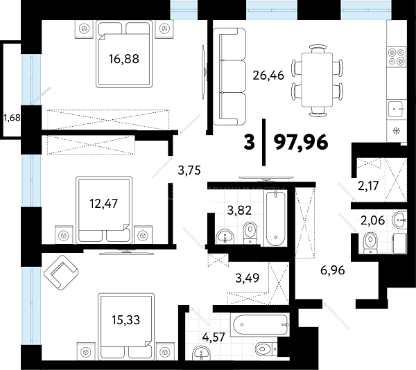 3-к квартира в новостройке, 97 кв.м., ул Бирюзова, 8