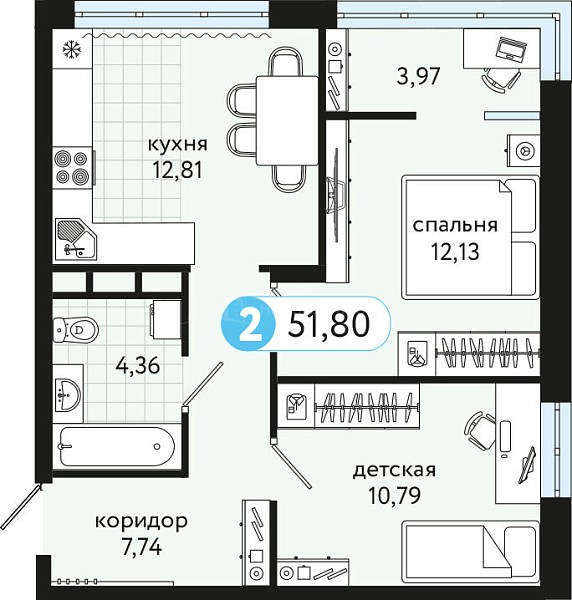 2-к квартира в новостройке, 51 кв.м., улица Сергея Джанбровского, 19