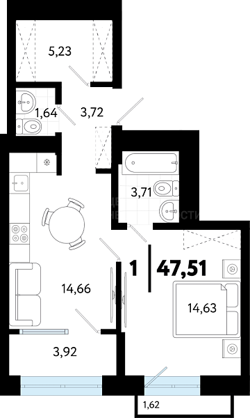 1-к квартира в новостройке, 47 кв.м., ул Бирюзова, 8