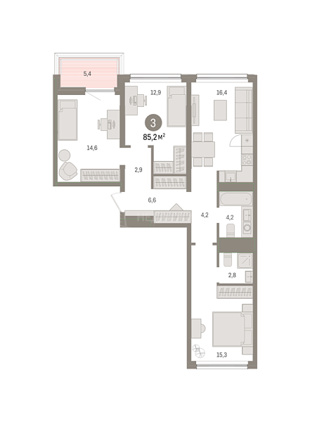 3-к квартира в новостройке, 85 кв.м., ул. Мысовская,  26, корпус 1