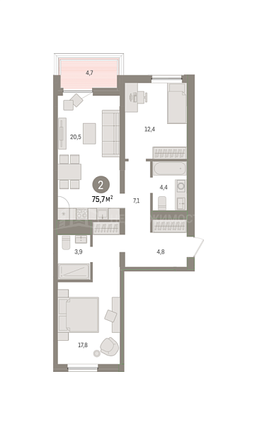 2-к квартира в новостройке, 75 кв.м., ул. Мысовская,  26, корпус 1