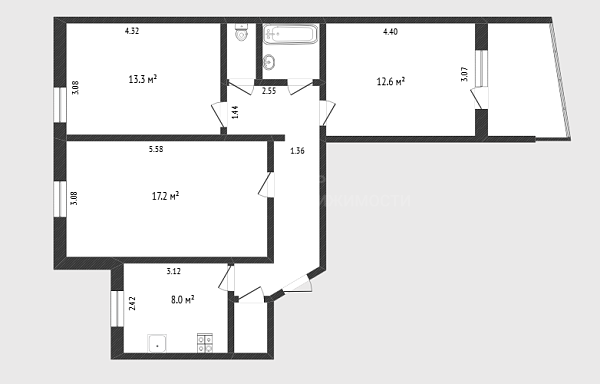 3-к квартира, 66 кв.м., улица Осипенко, 84