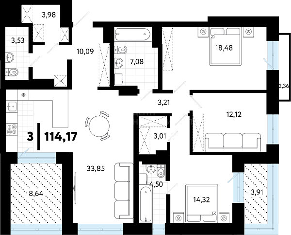 3-к квартира в новостройке, 114 кв.м., ул Бирюзова, 8