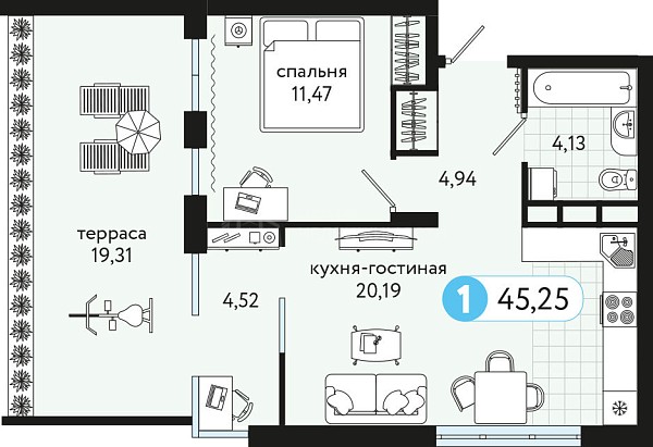 1-к квартира в новостройке, 45 кв.м., улица Сергея Джанбровского, 19