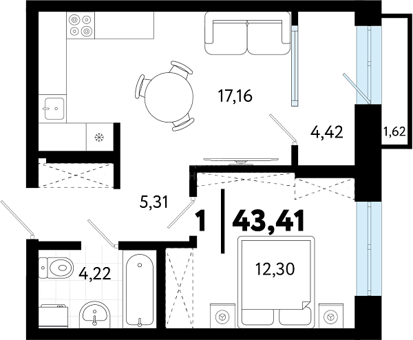 1-к квартира в новостройке, 43 кв.м., ул Бирюзова, 8