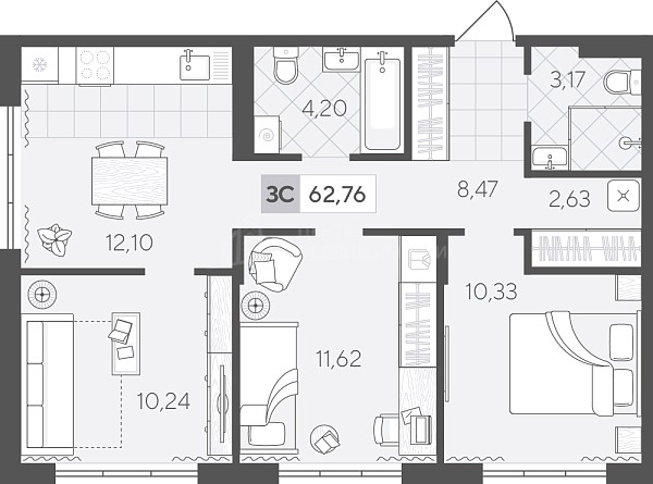 3-к квартира в новостройке, 62 кв.м., Сергея Свиридова, 11