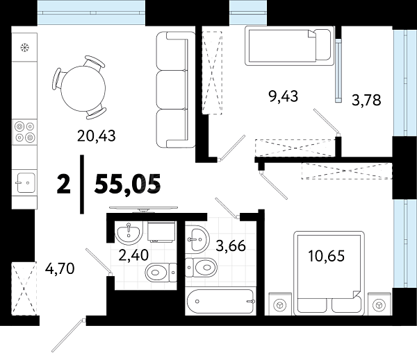 2-к квартира в новостройке, 55 кв.м., ул Бирюзова, 8