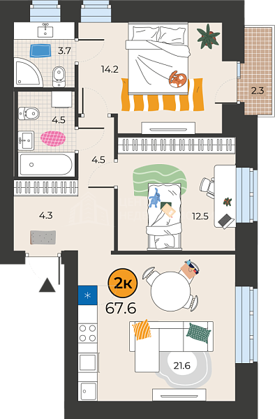 2-к квартира в новостройке, 67 кв.м., Тюмень