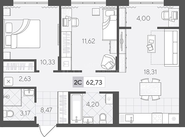 2-к квартира в новостройке, 62 кв.м., Сергея Свиридова, 11